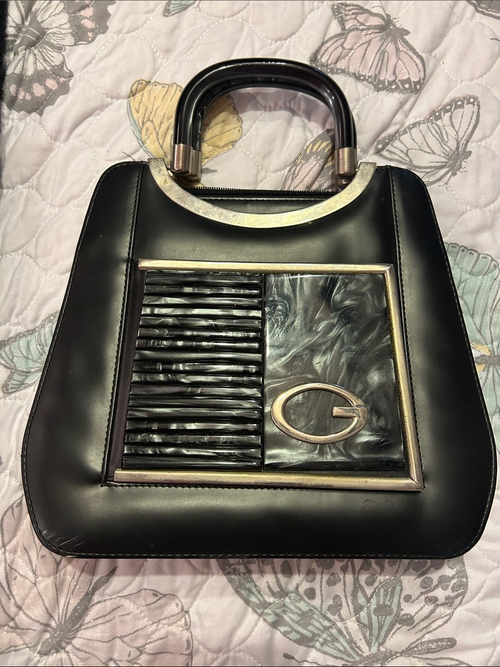 Vintage Black Structured Top-Handle Women's Bag with Gold Accent